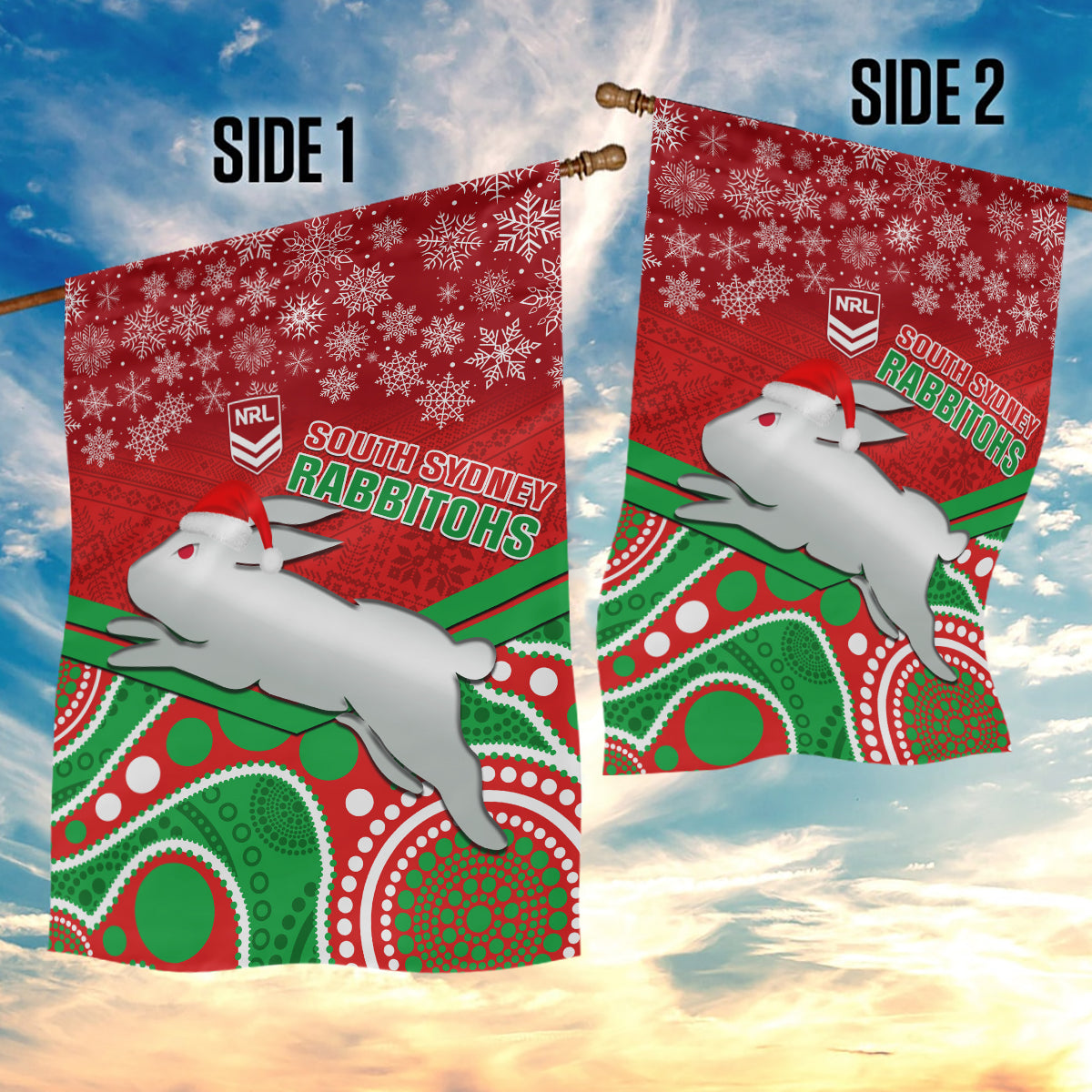Rabbitohs Rugby Christmas Garden Flag Merry Xmas 2023 Mix Aboriginal Art - Vibe Hoodie Shop