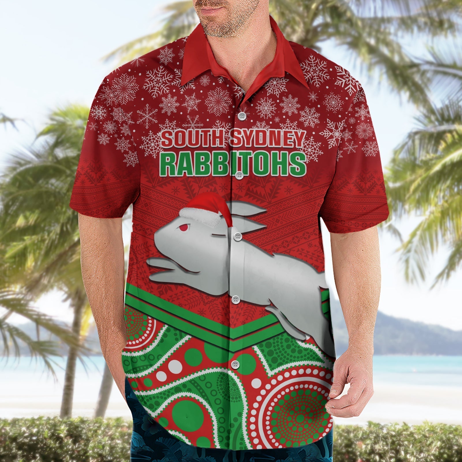 Custom Rabbitohs Rugby Christmas Hawaiian Shirt Merry Xmas 2023 Mix Aboriginal Art - Vibe Hoodie Shop