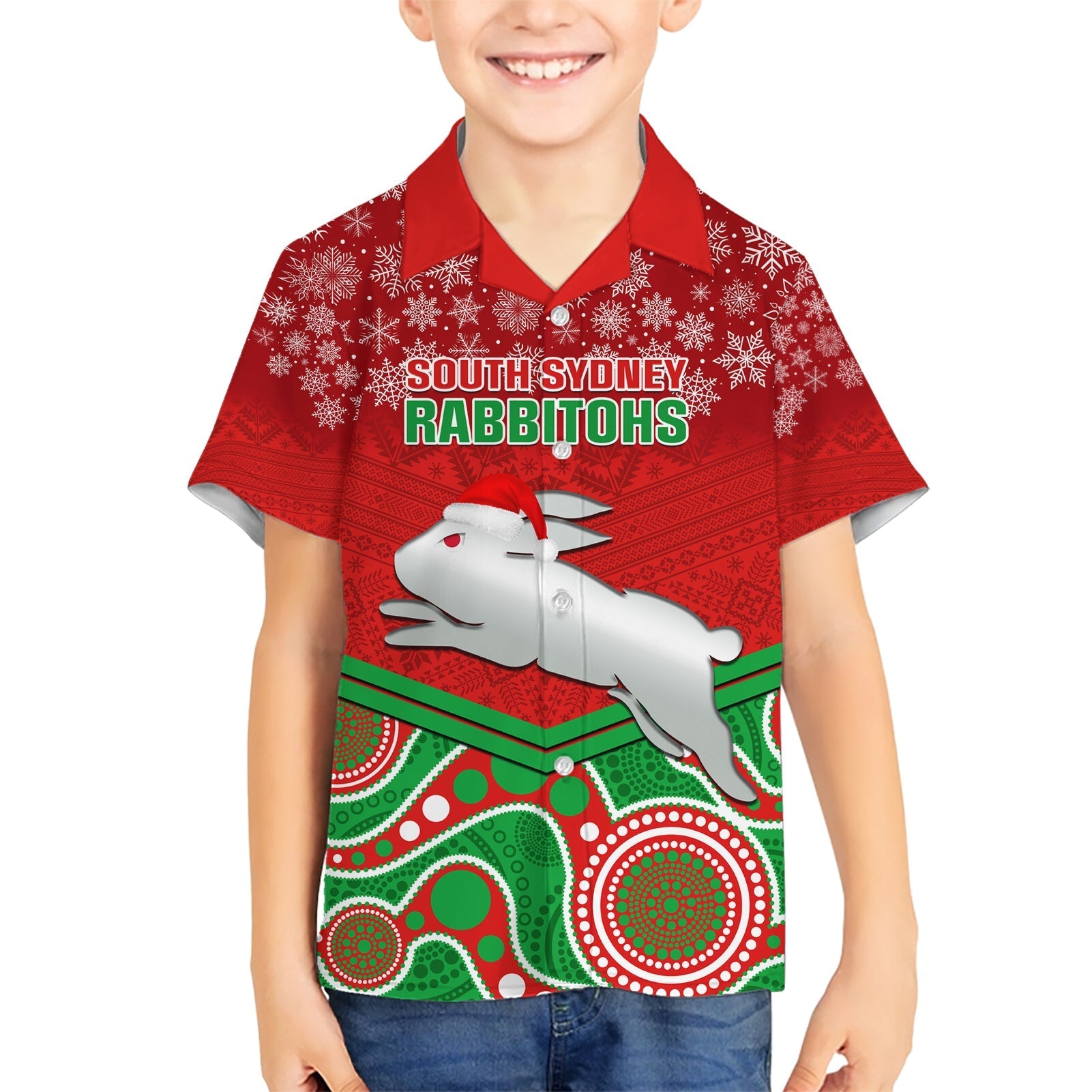 Custom Rabbitohs Rugby Christmas Hawaiian Shirt Merry Xmas 2023 Mix Aboriginal Art - Vibe Hoodie Shop