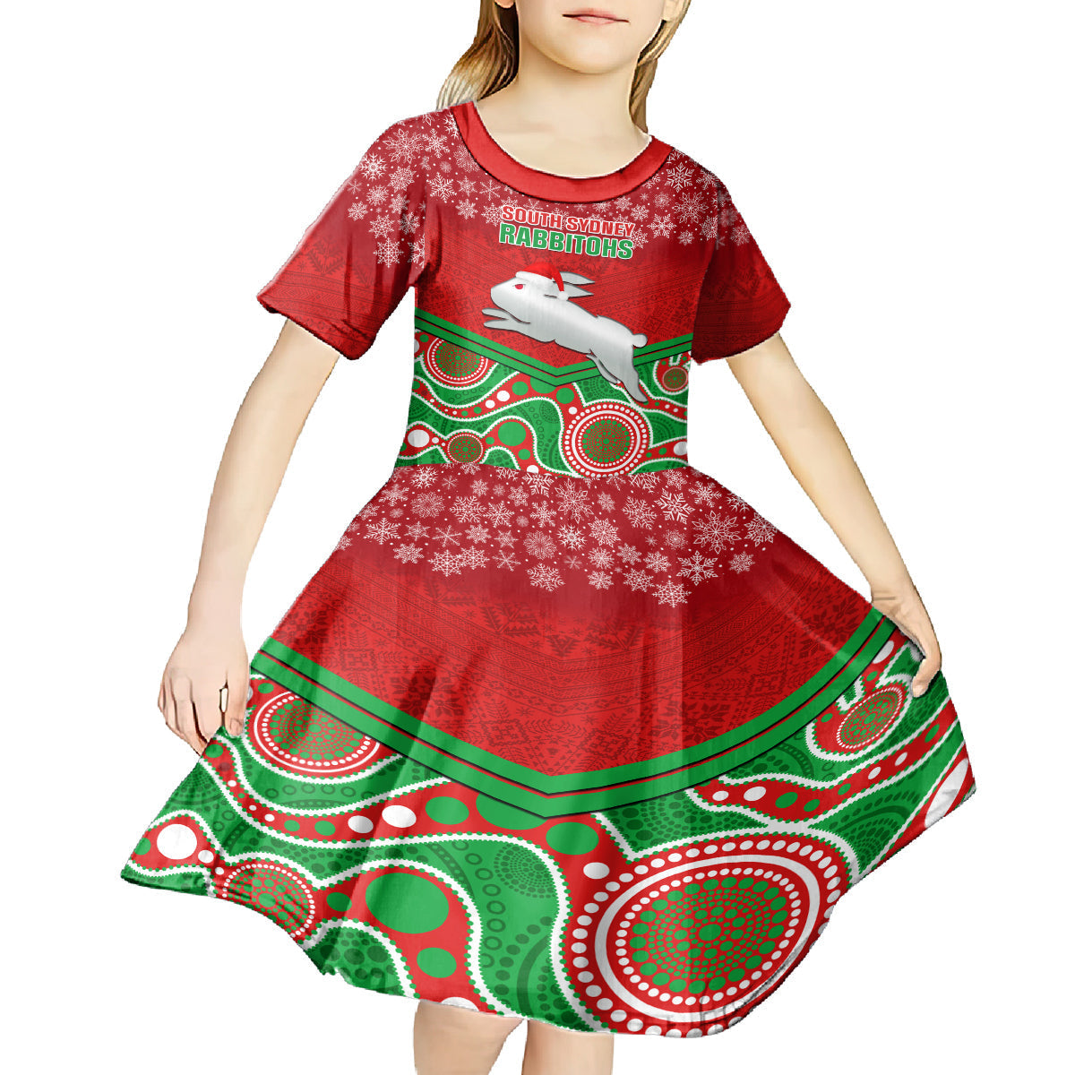 Custom Rabbitohs Rugby Christmas Kid Short Sleeve Dress Merry Xmas 2023 Mix Aboriginal Art - Vibe Hoodie Shop