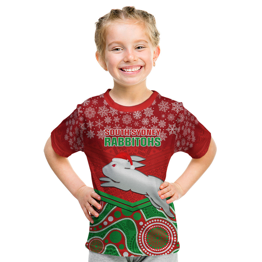 Custom Rabbitohs Rugby Christmas Kid T Shirt Merry Xmas 2023 Mix Aboriginal Art - Vibe Hoodie Shop