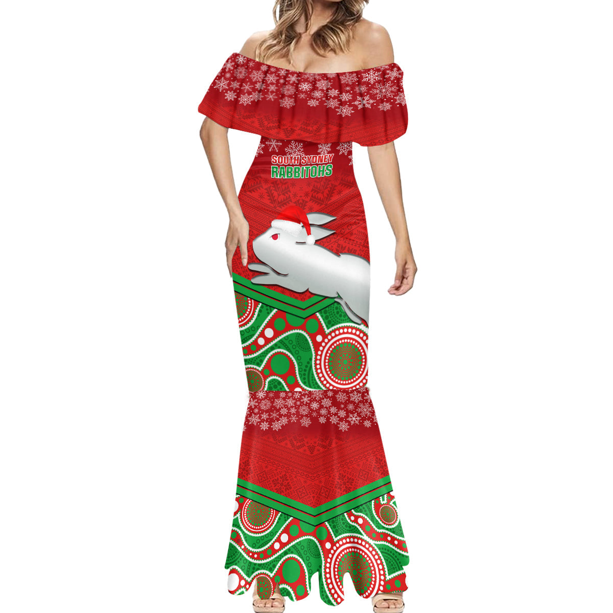 custom-rabbitohs-rugby-christmas-mermaid-dress-merry-xmas-2023-mix-aboriginal-art