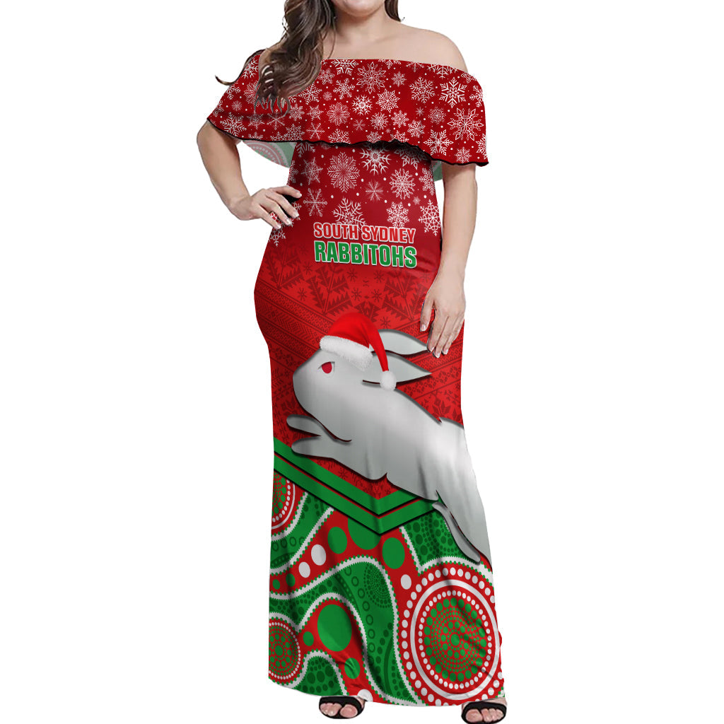 custom-rabbitohs-rugby-christmas-off-shoulder-maxi-dress-merry-xmas-2023-mix-aboriginal-art