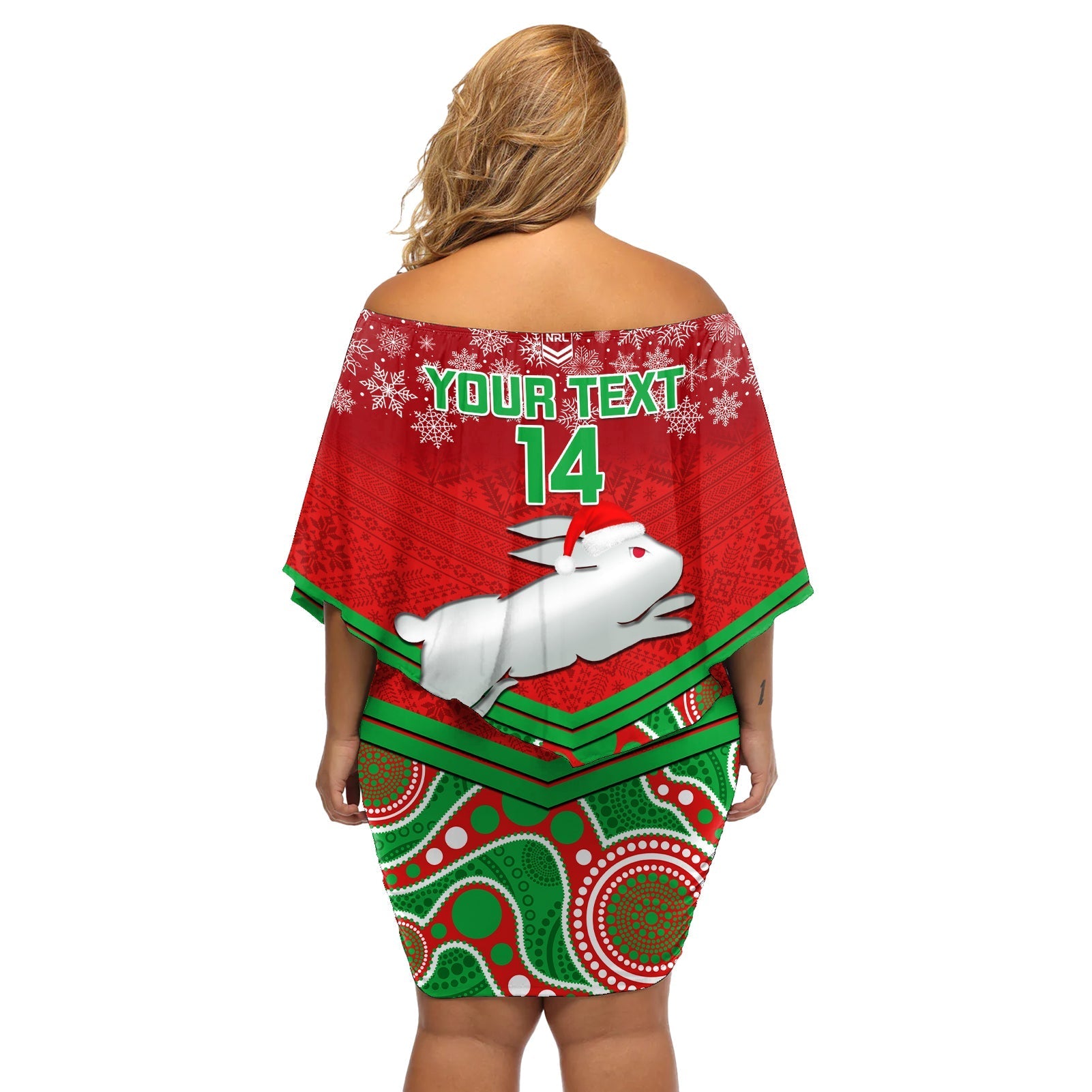 custom-rabbitohs-rugby-christmas-off-shoulder-short-dress-merry-xmas-2023-mix-aboriginal-art
