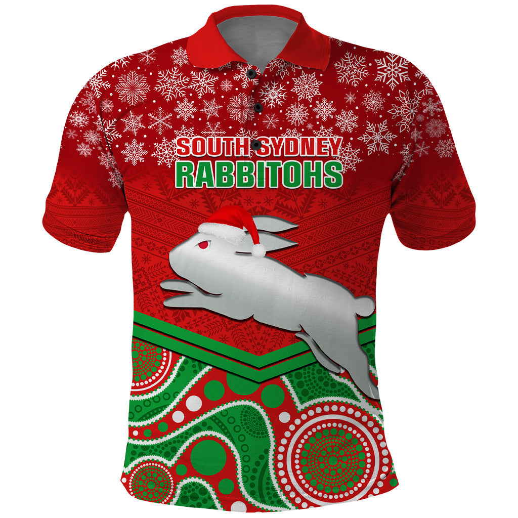 Custom Rabbitohs Rugby Christmas Polo Shirt Merry Xmas 2023 Mix Aboriginal Art - Vibe Hoodie Shop