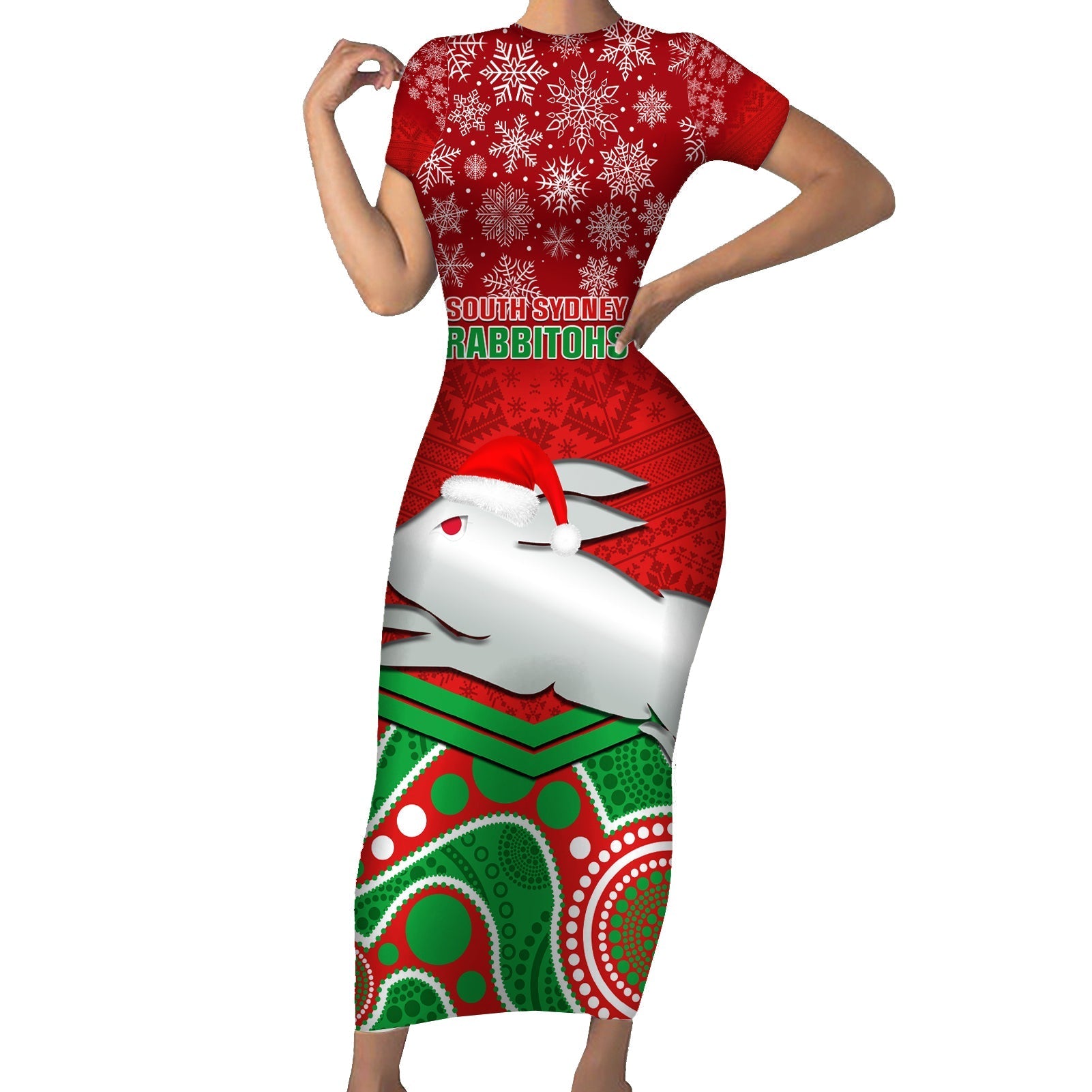 custom-rabbitohs-rugby-christmas-short-sleeve-bodycon-dress-merry-xmas-2023-mix-aboriginal-art