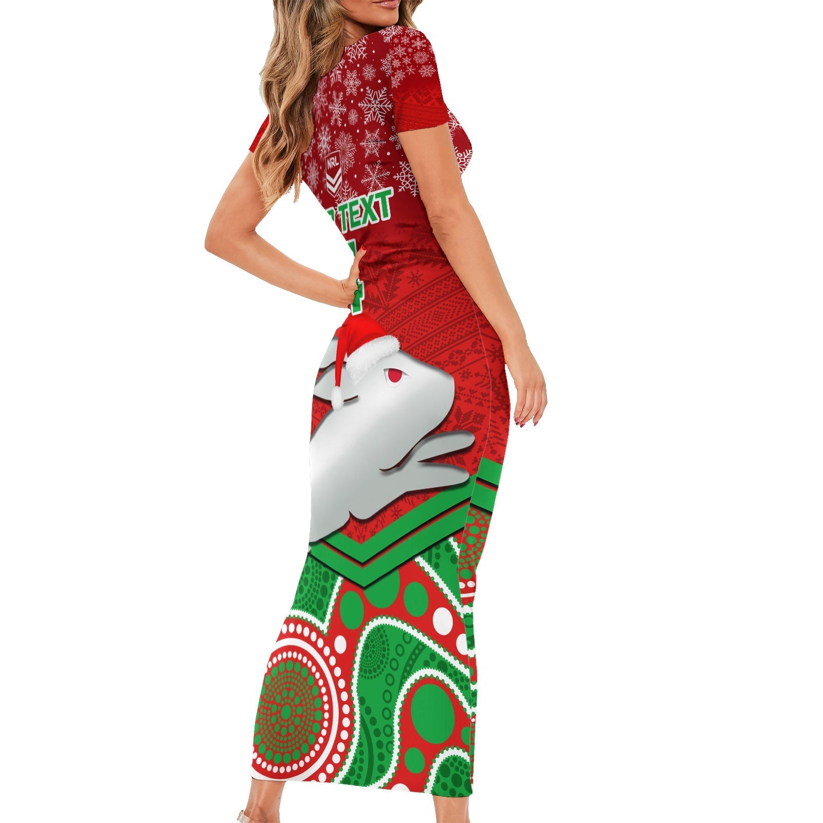 custom-rabbitohs-rugby-christmas-short-sleeve-bodycon-dress-merry-xmas-2023-mix-aboriginal-art