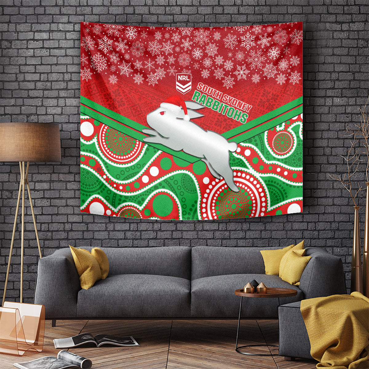 Rabbitohs Rugby Christmas Tapestry Merry Xmas 2023 Mix Aboriginal Art - Vibe Hoodie Shop