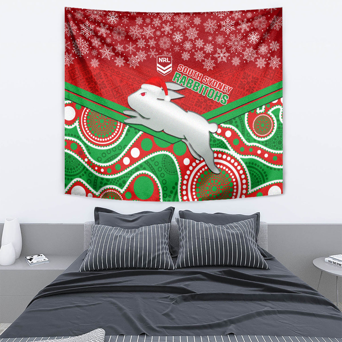 Rabbitohs Rugby Christmas Tapestry Merry Xmas 2023 Mix Aboriginal Art - Vibe Hoodie Shop