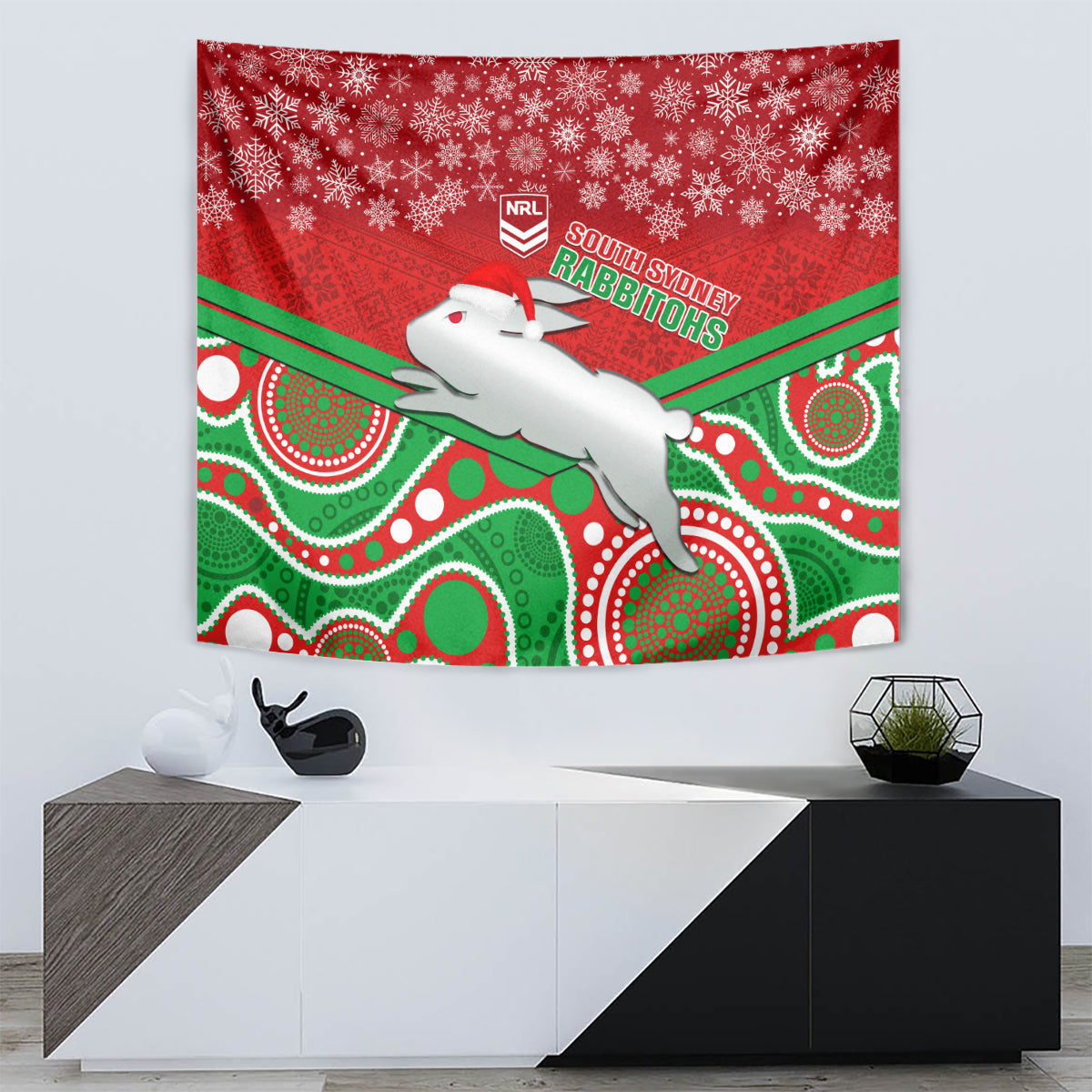 Rabbitohs Rugby Christmas Tapestry Merry Xmas 2023 Mix Aboriginal Art - Vibe Hoodie Shop