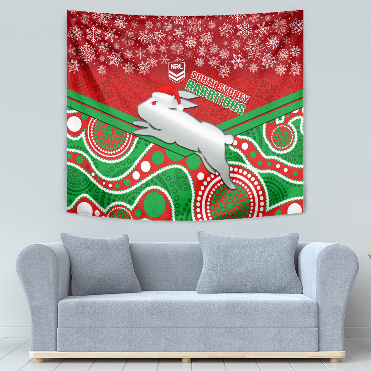 Rabbitohs Rugby Christmas Tapestry Merry Xmas 2023 Mix Aboriginal Art - Vibe Hoodie Shop