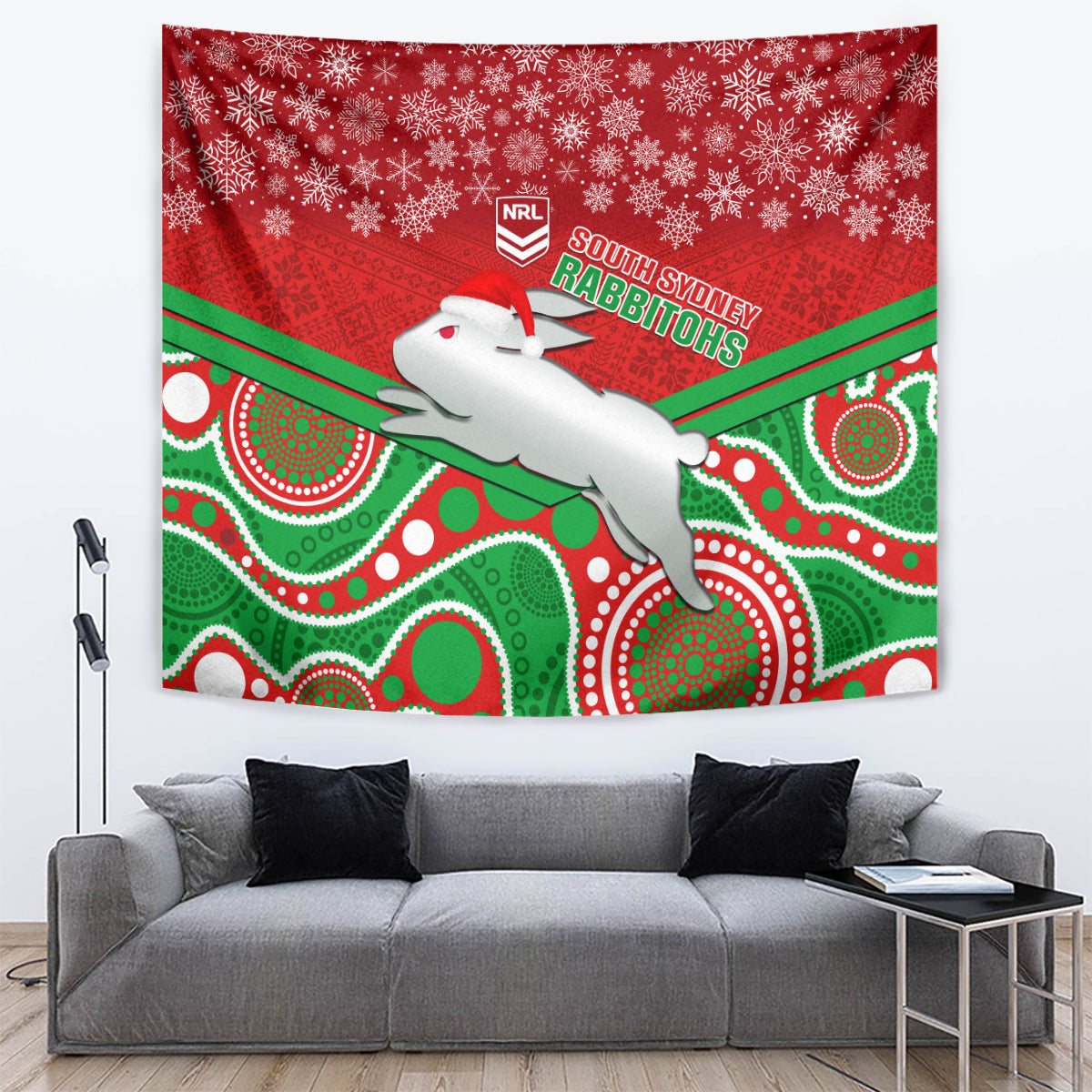 Rabbitohs Rugby Christmas Tapestry Merry Xmas 2023 Mix Aboriginal Art - Vibe Hoodie Shop