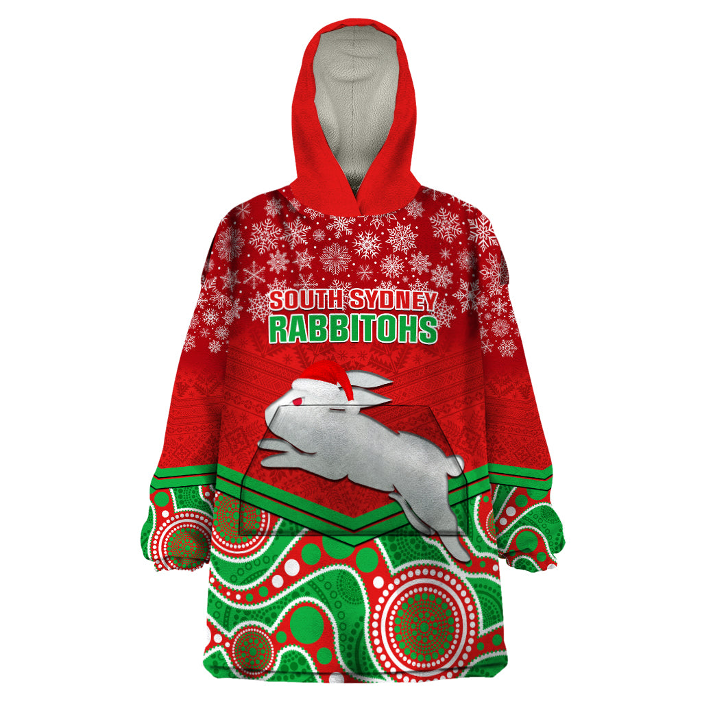 Custom Rabbitohs Rugby Christmas Wearable Blanket Hoodie Merry Xmas 2023 Mix Aboriginal Art - Vibe Hoodie Shop