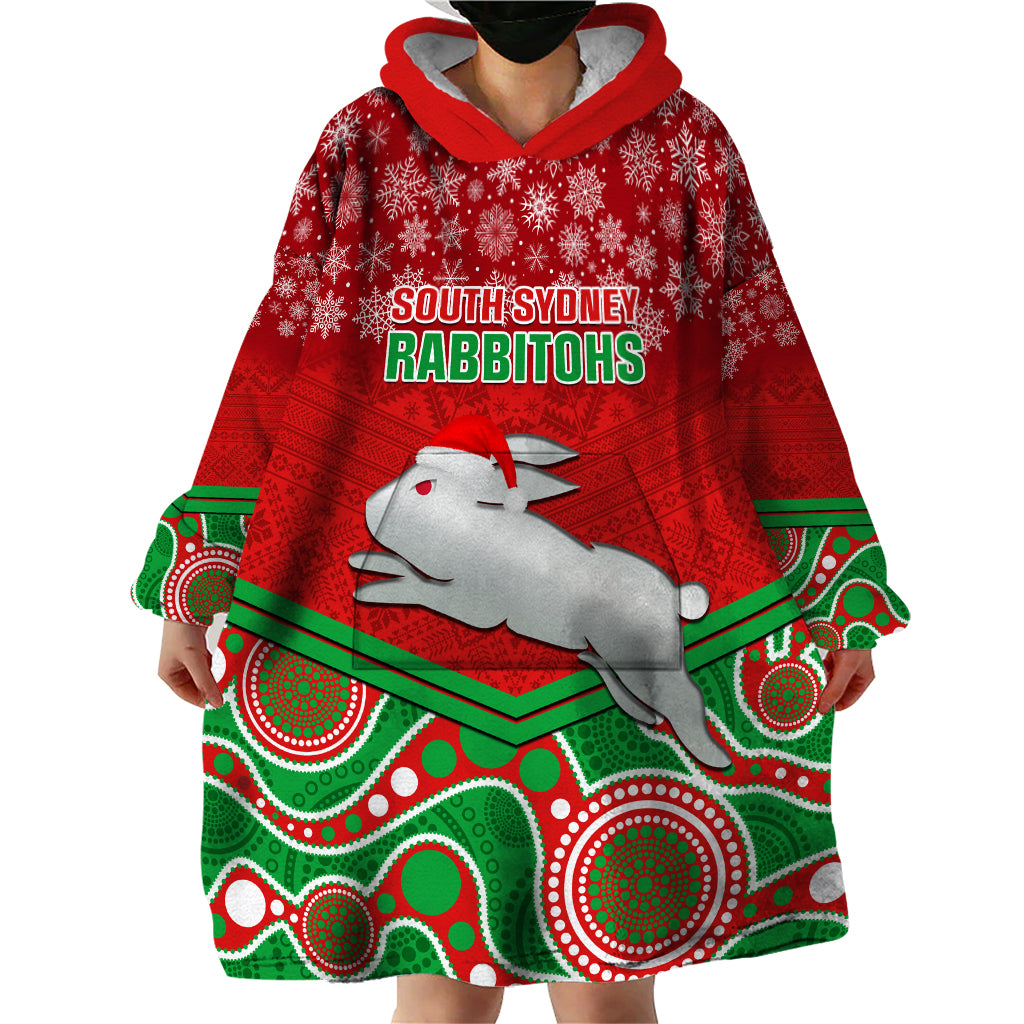 Custom Rabbitohs Rugby Christmas Wearable Blanket Hoodie Merry Xmas 2023 Mix Aboriginal Art - Vibe Hoodie Shop