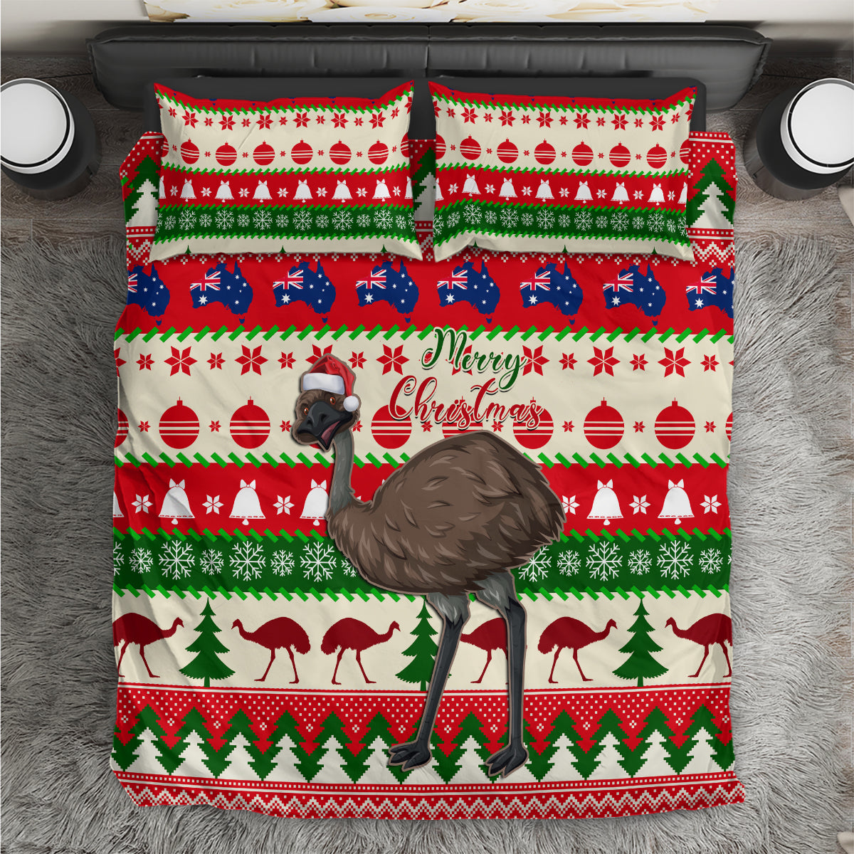 Australia Christmas Bedding Set Aussie Emu Santa Merry Xmas - Vibe Hoodie Shop
