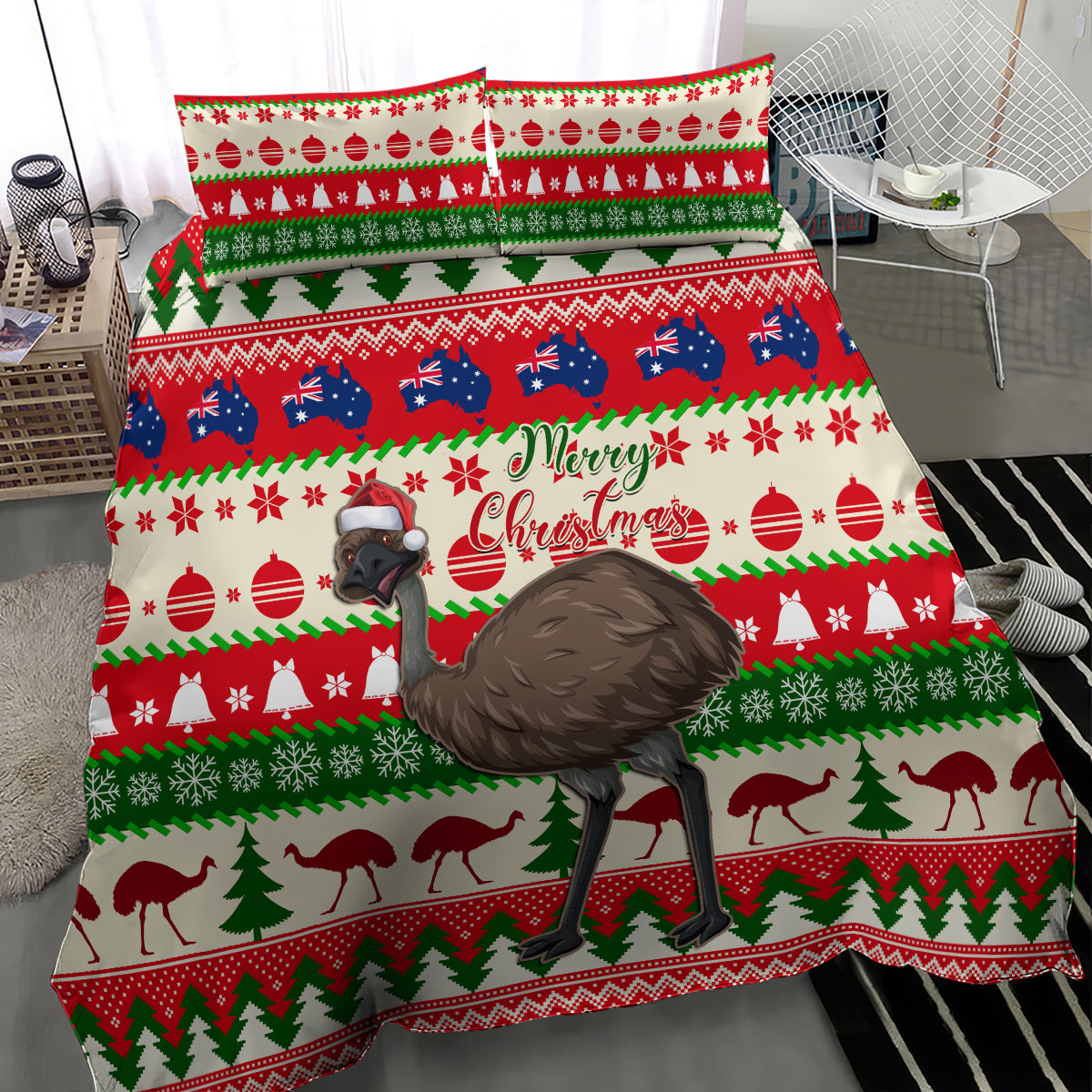 Australia Christmas Bedding Set Aussie Emu Santa Merry Xmas - Vibe Hoodie Shop