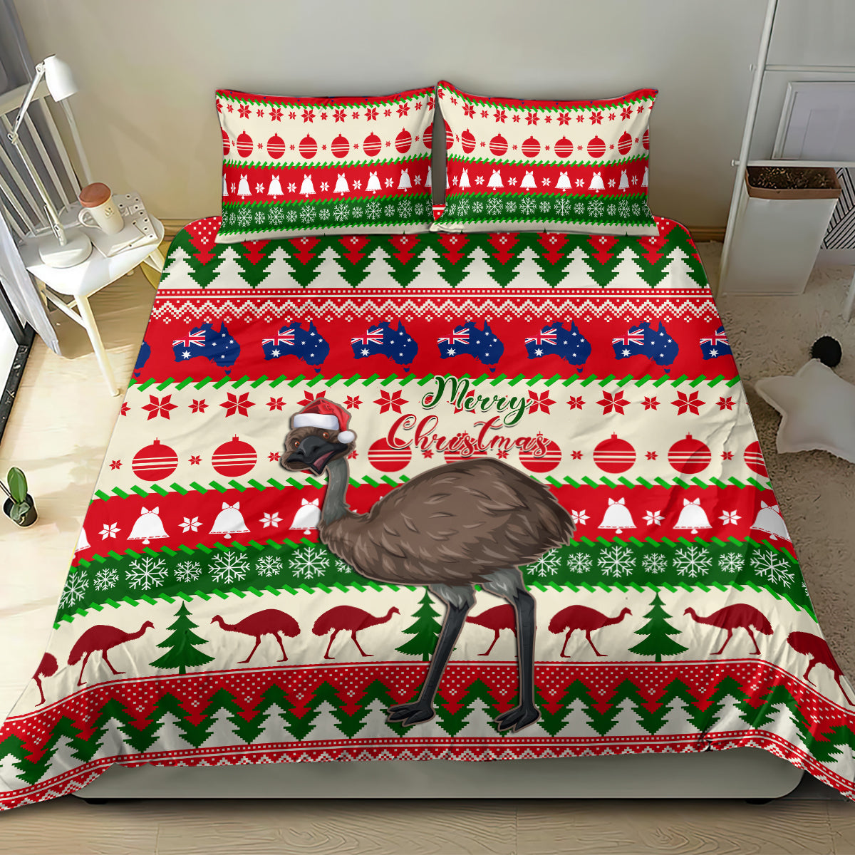 Australia Christmas Bedding Set Aussie Emu Santa Merry Xmas - Vibe Hoodie Shop