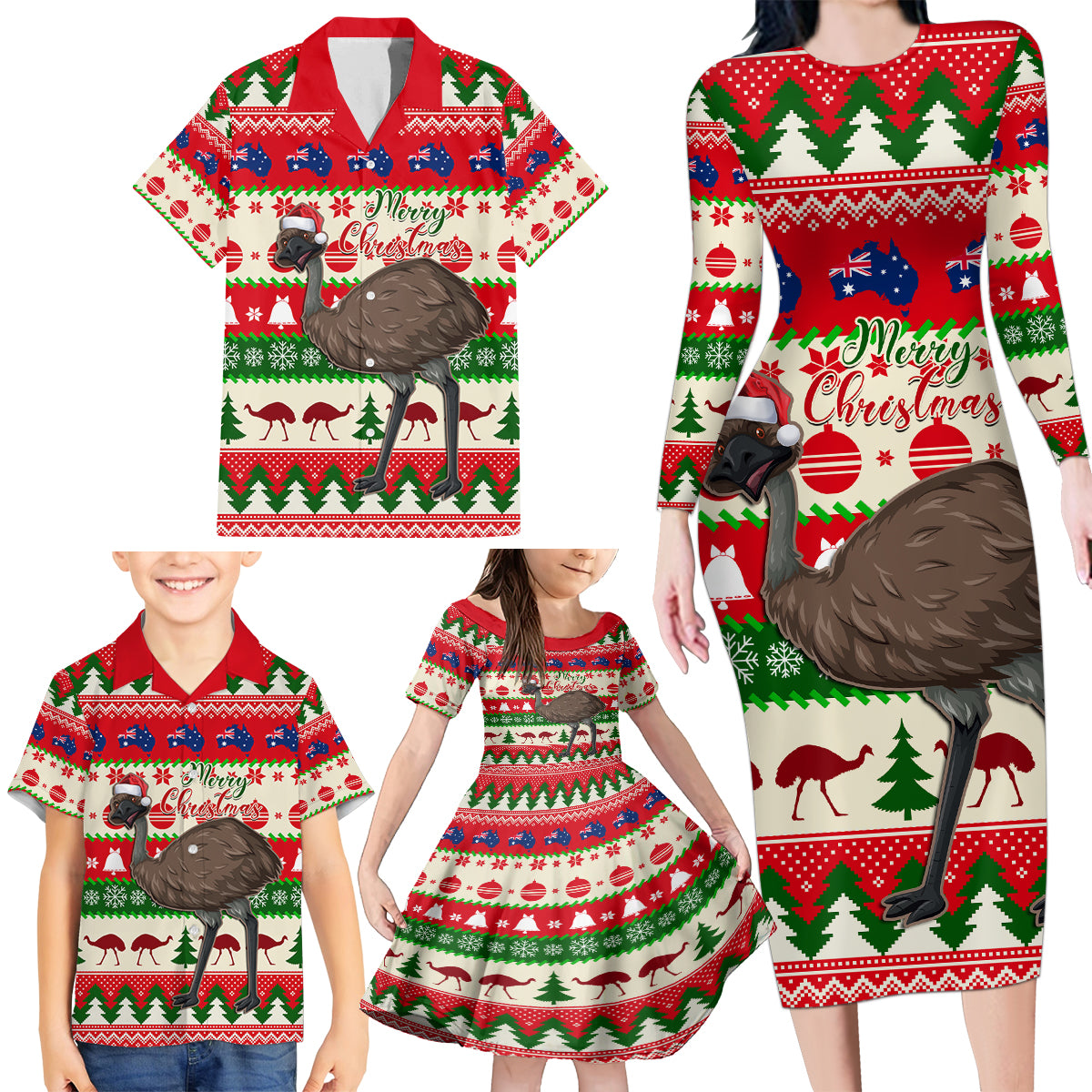 australia-christmas-family-matching-long-sleeve-bodycon-dress-and-hawaiian-shirt-aussie-emu-santa-merry-xmas