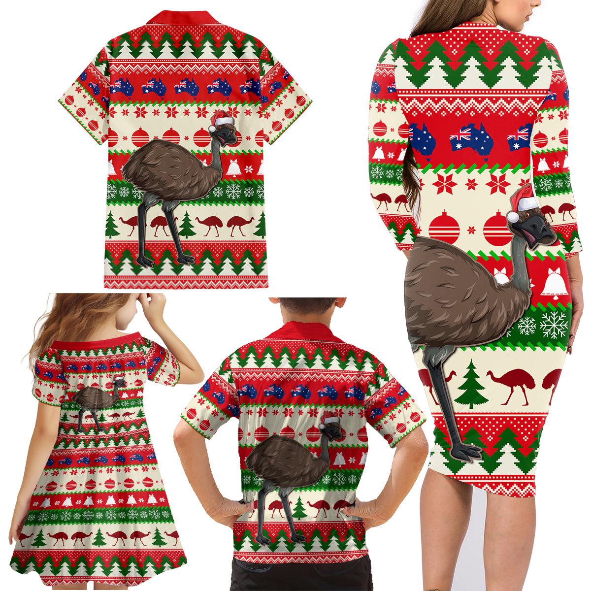 australia-christmas-family-matching-long-sleeve-bodycon-dress-and-hawaiian-shirt-aussie-emu-santa-merry-xmas