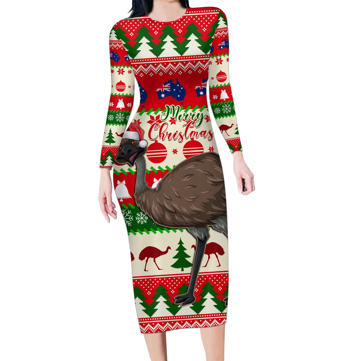 australia-christmas-family-matching-long-sleeve-bodycon-dress-and-hawaiian-shirt-aussie-emu-santa-merry-xmas