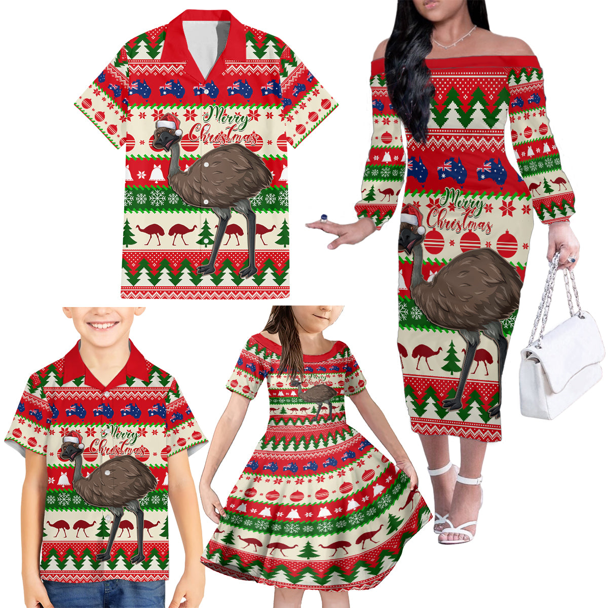 australia-christmas-family-matching-off-shoulder-long-sleeve-dress-and-hawaiian-shirt-aussie-emu-santa-merry-xmas