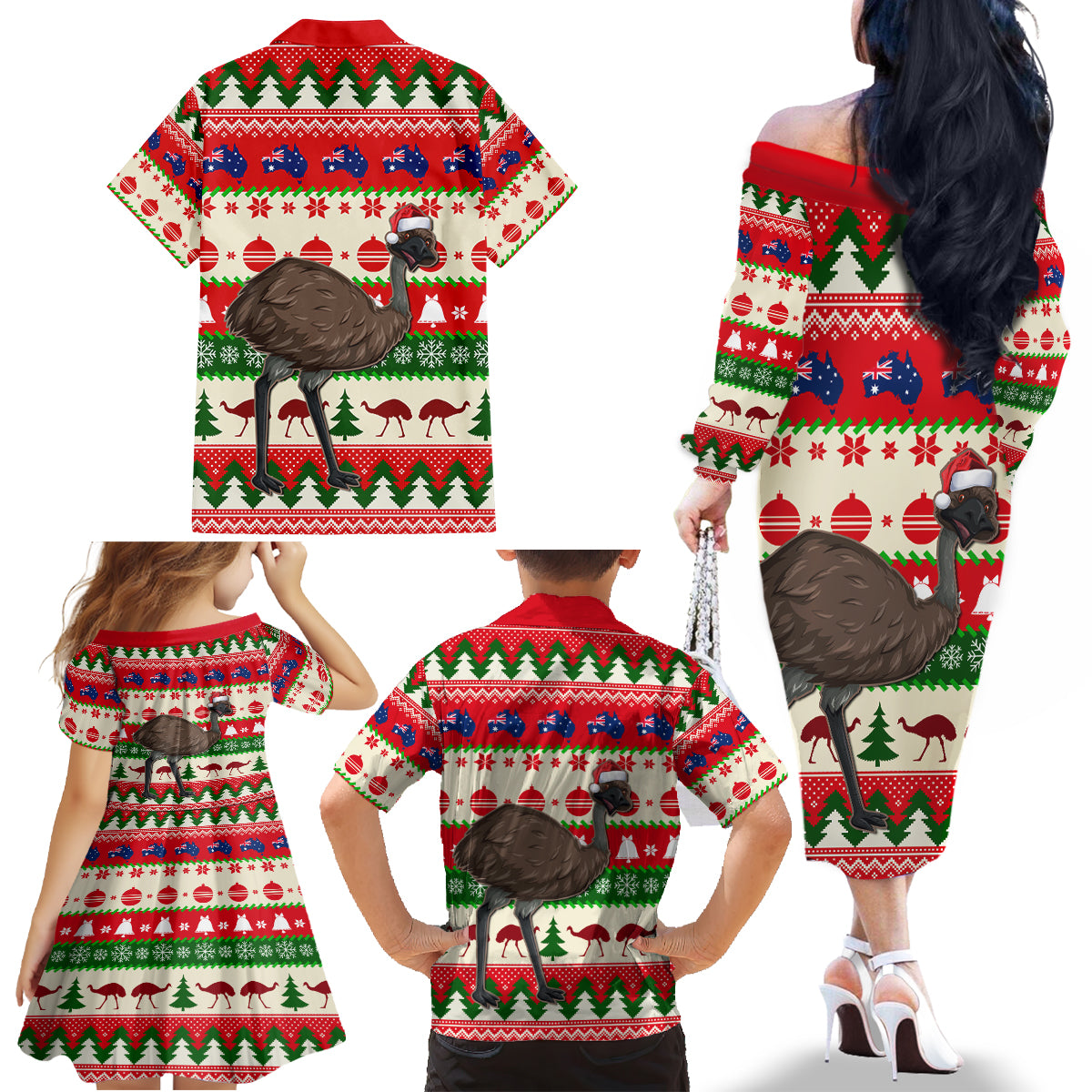 australia-christmas-family-matching-off-shoulder-long-sleeve-dress-and-hawaiian-shirt-aussie-emu-santa-merry-xmas