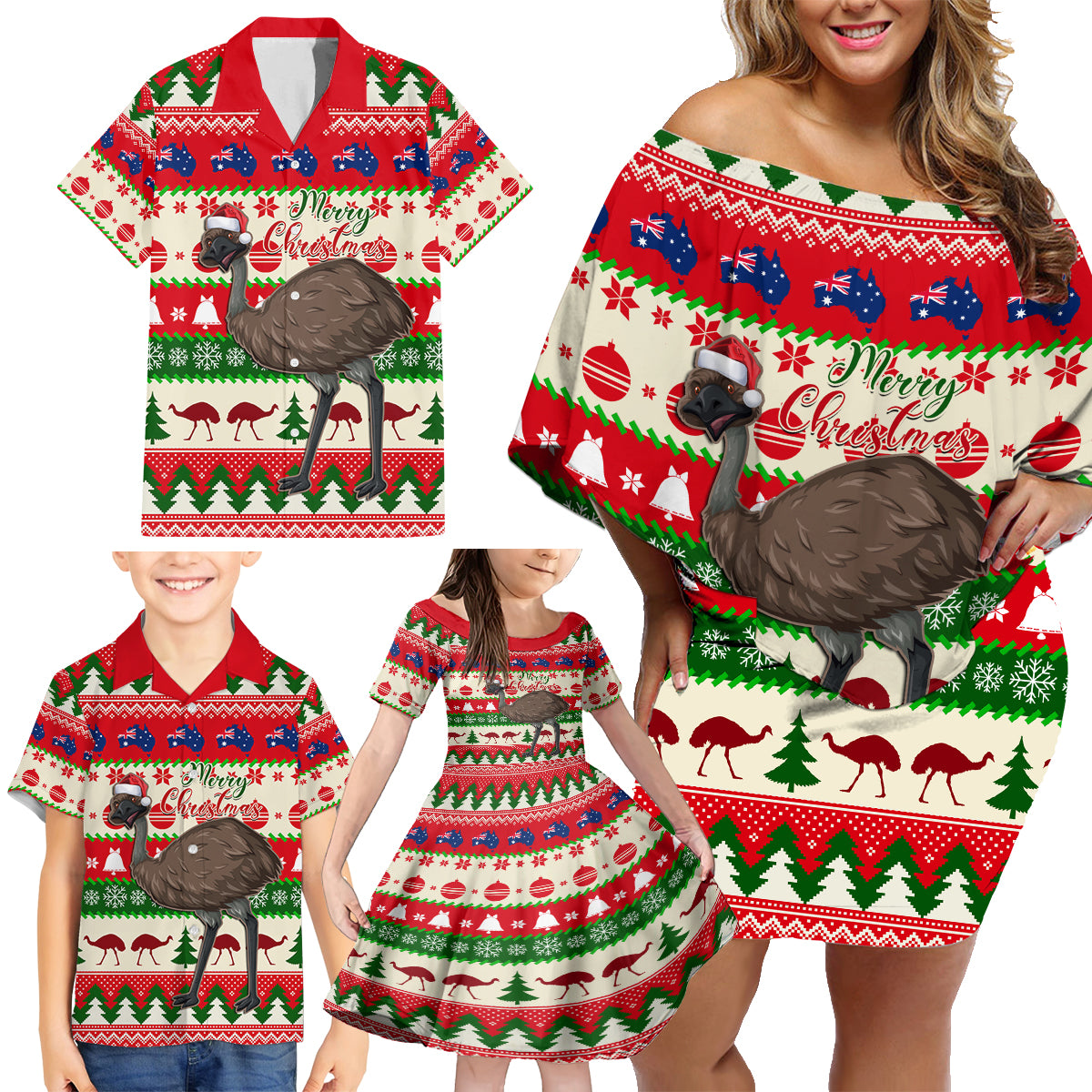 australia-christmas-family-matching-off-shoulder-short-dress-and-hawaiian-shirt-aussie-emu-santa-merry-xmas