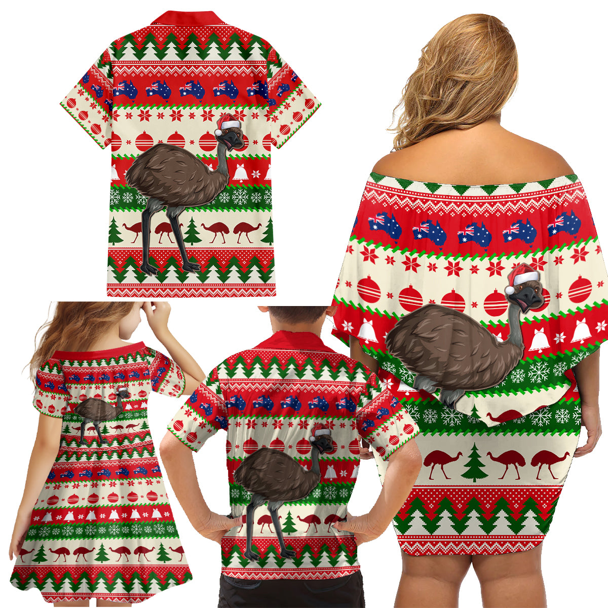 australia-christmas-family-matching-off-shoulder-short-dress-and-hawaiian-shirt-aussie-emu-santa-merry-xmas