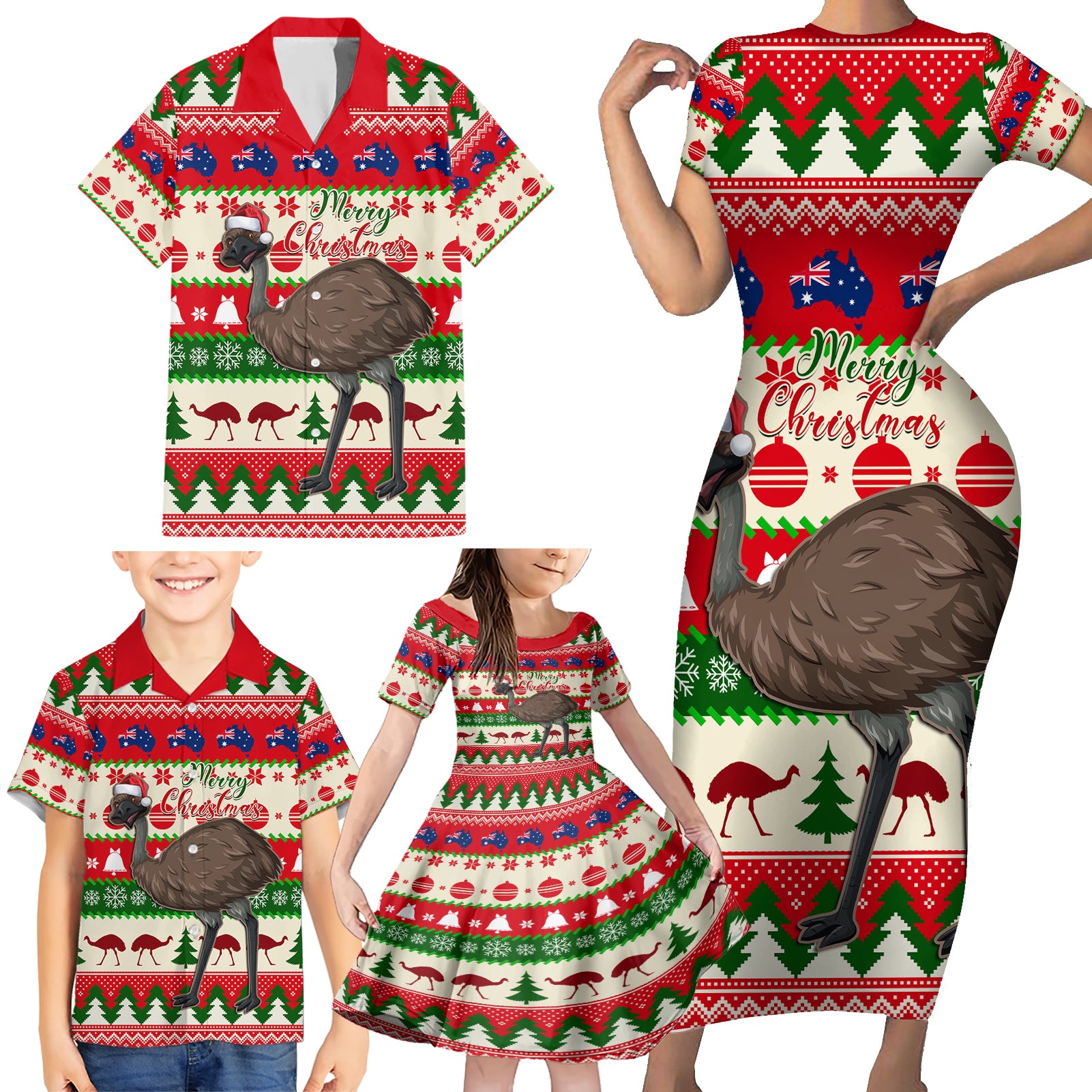 australia-christmas-family-matching-short-sleeve-bodycon-dress-and-hawaiian-shirt-aussie-emu-santa-merry-xmas