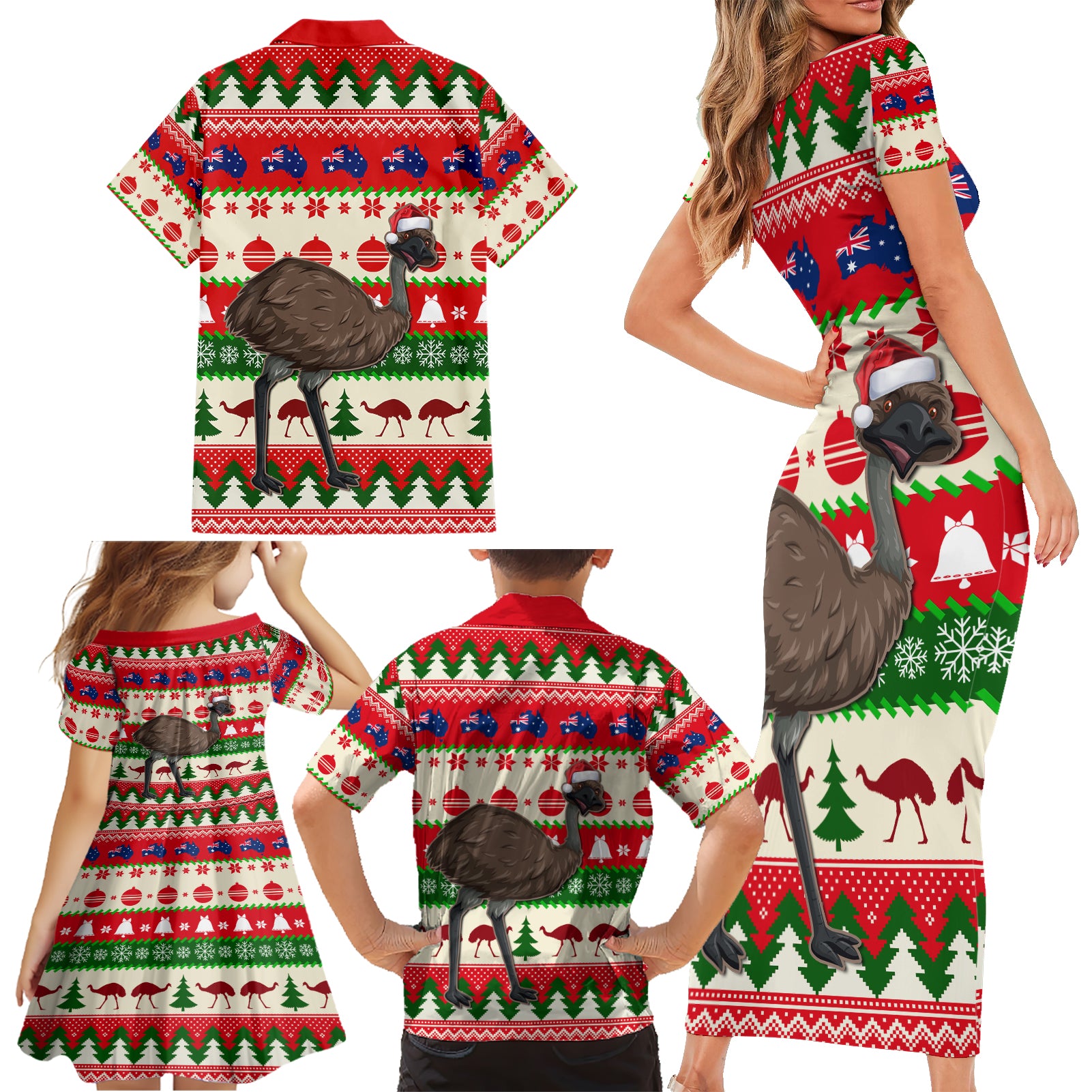 australia-christmas-family-matching-short-sleeve-bodycon-dress-and-hawaiian-shirt-aussie-emu-santa-merry-xmas