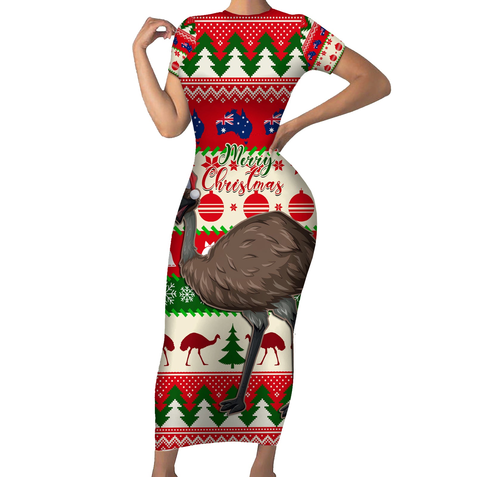 australia-christmas-family-matching-short-sleeve-bodycon-dress-and-hawaiian-shirt-aussie-emu-santa-merry-xmas