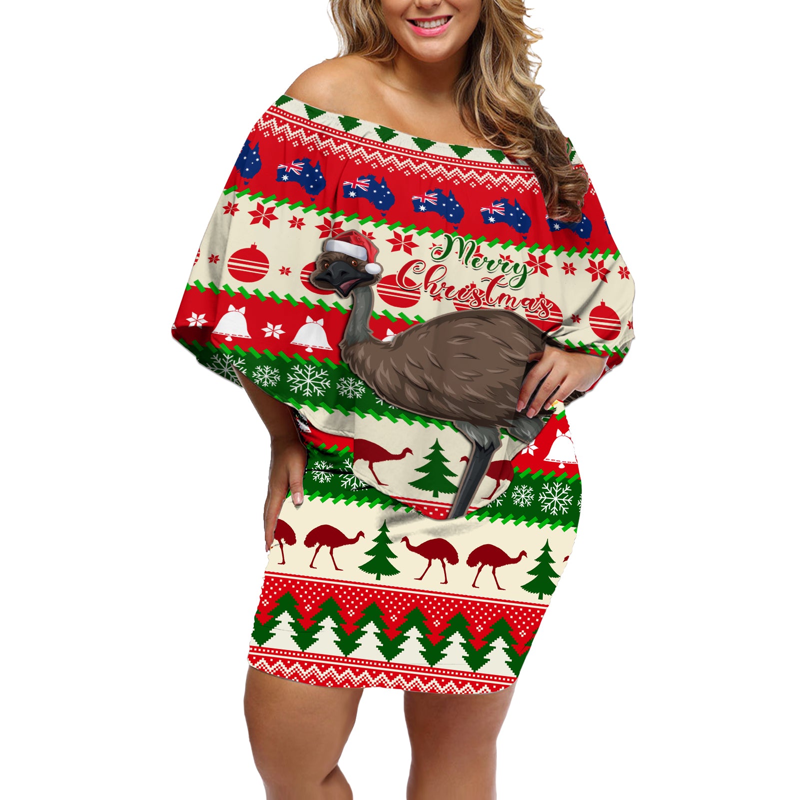 australia-christmas-off-shoulder-short-dress-aussie-emu-santa-merry-xmas