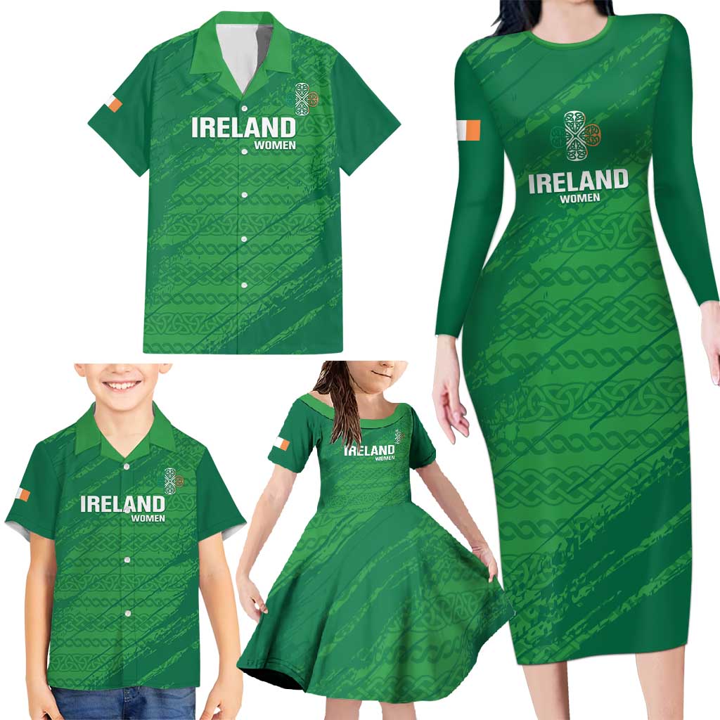 Custom Ireland Cricket Family Matching Long Sleeve Bodycon Dress and Hawaiian Shirt Irish Celtic Knot - National Color