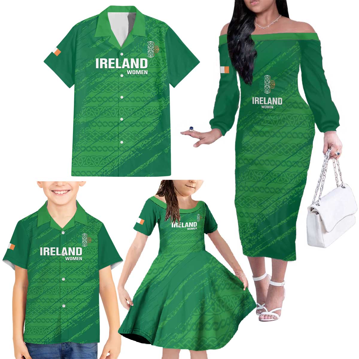 Custom Ireland Cricket Family Matching Off The Shoulder Long Sleeve Dress and Hawaiian Shirt Irish Celtic Knot - National Color