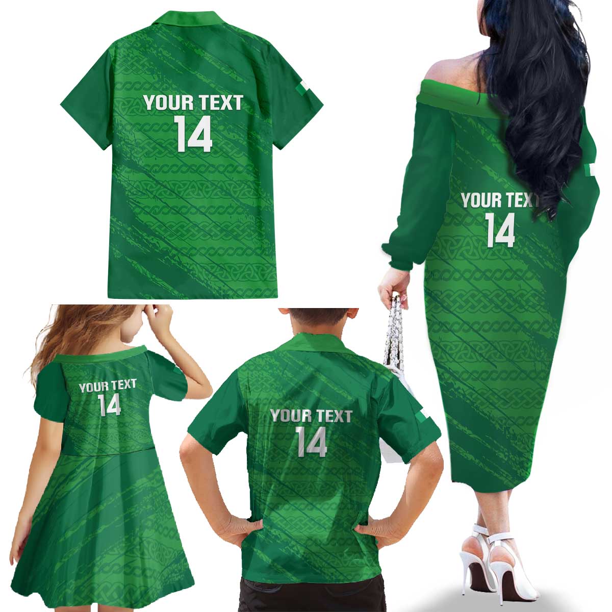 Custom Ireland Cricket Family Matching Off The Shoulder Long Sleeve Dress and Hawaiian Shirt Irish Celtic Knot - National Color