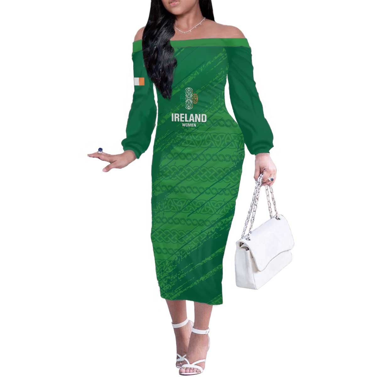 Custom Ireland Cricket Family Matching Off The Shoulder Long Sleeve Dress and Hawaiian Shirt Irish Celtic Knot - National Color