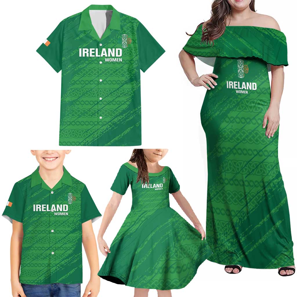 Custom Ireland Cricket Family Matching Off Shoulder Maxi Dress and Hawaiian Shirt Irish Celtic Knot - National Color