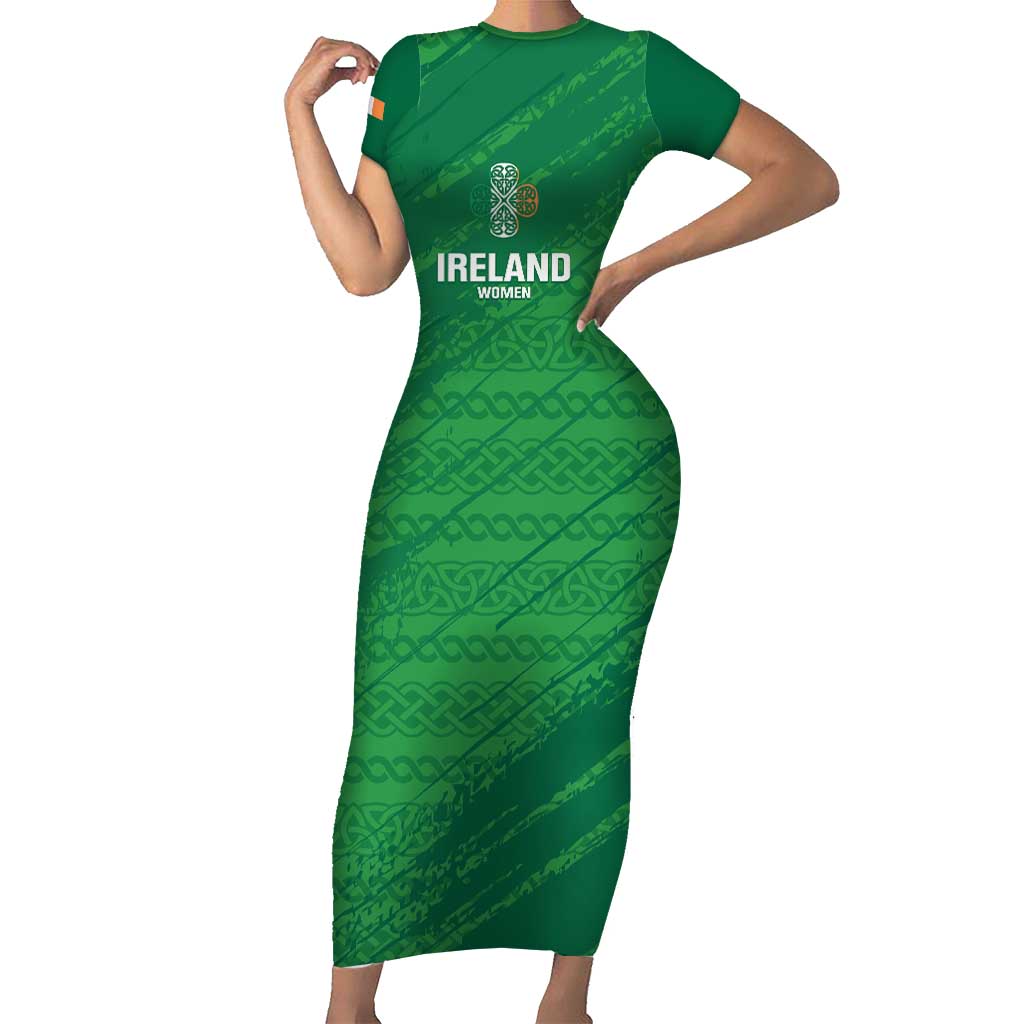 Custom Ireland Cricket Family Matching Short Sleeve Bodycon Dress and Hawaiian Shirt Irish Celtic Knot - National Color