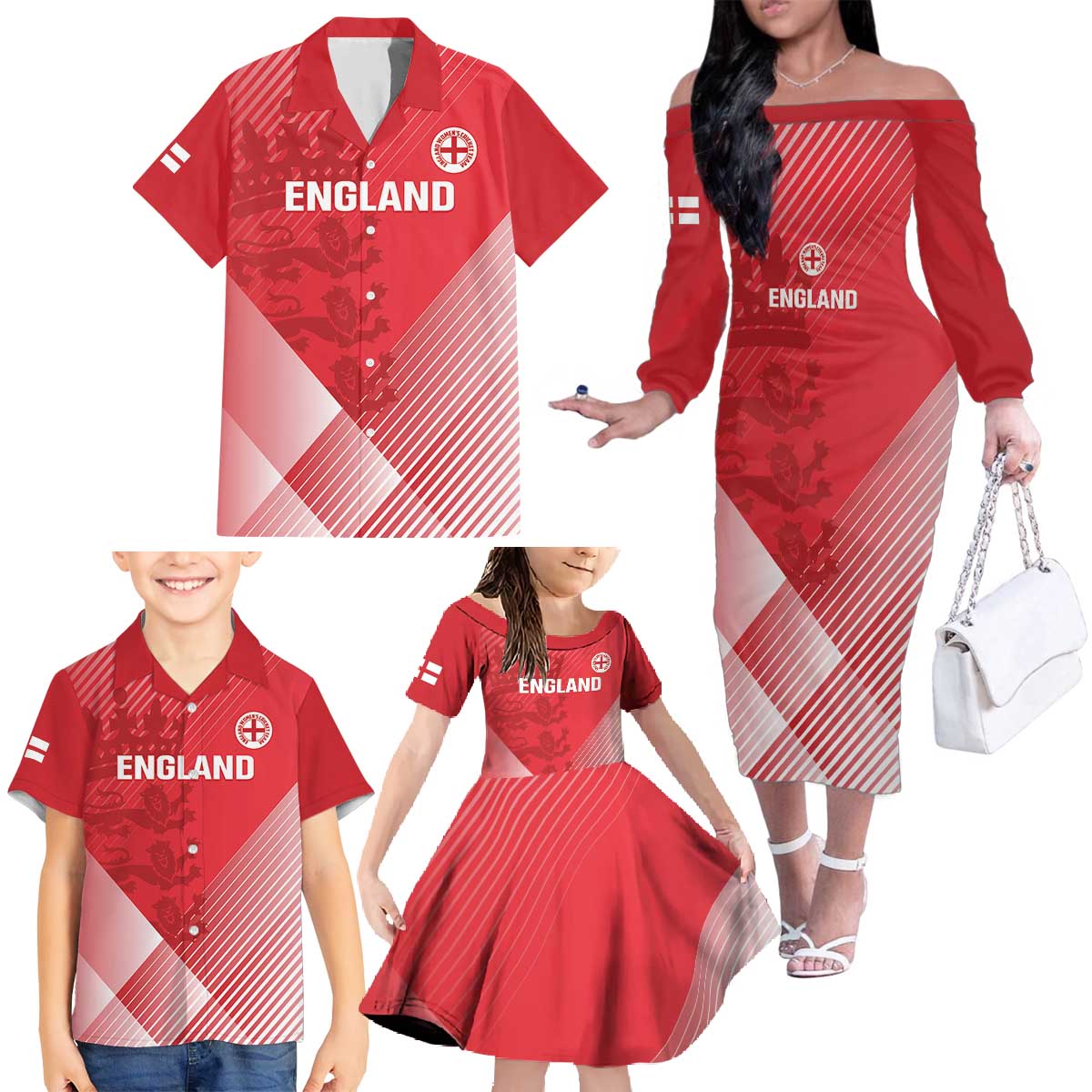 Custom England Cricket Family Matching Off The Shoulder Long Sleeve Dress and Hawaiian Shirt Go Champions Sporty Style