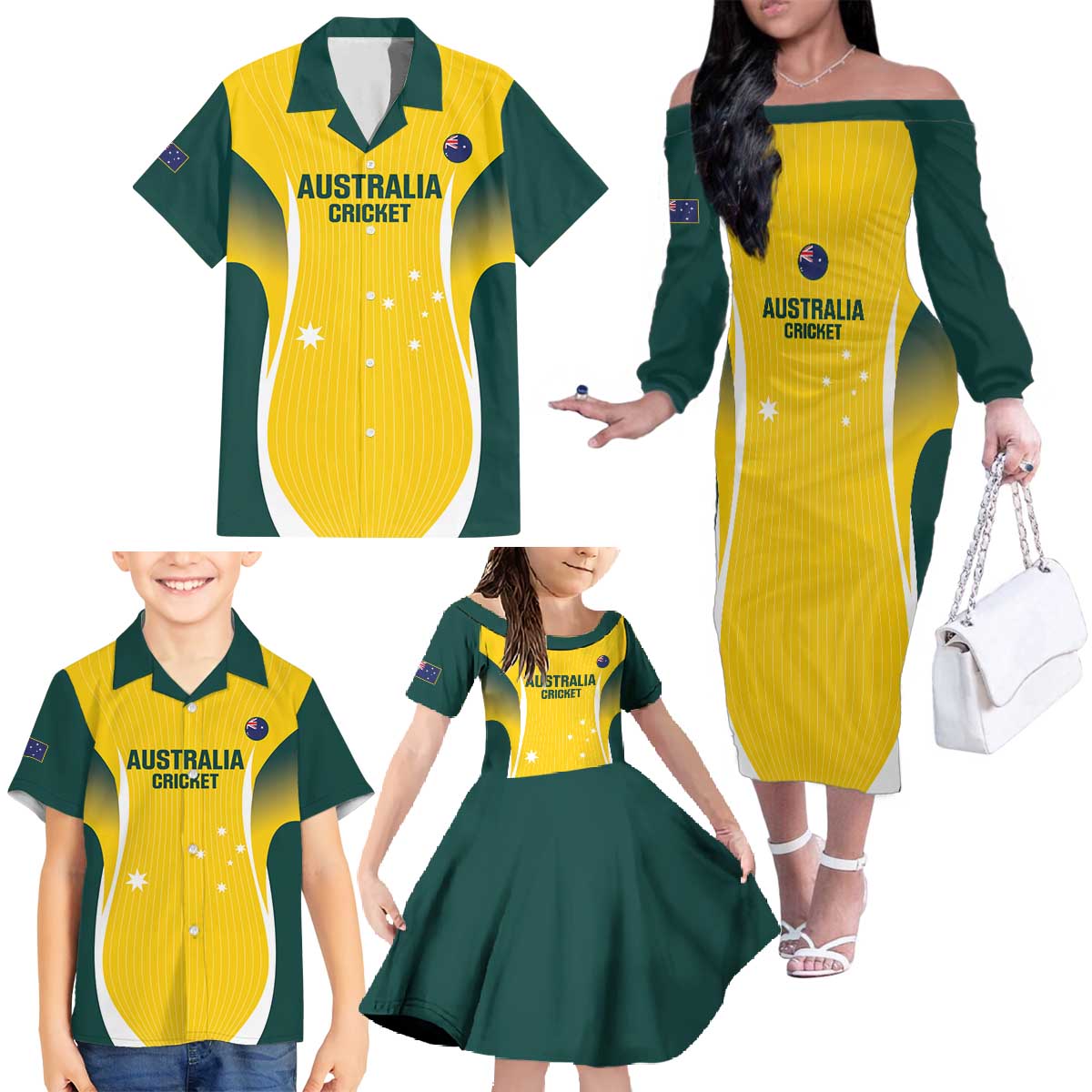 Custom Australia Cricket Family Matching Off The Shoulder Long Sleeve Dress and Hawaiian Shirt Go Champions Aussie