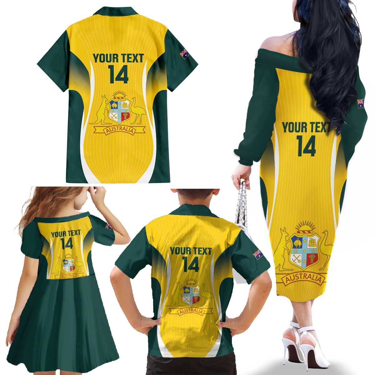 Custom Australia Cricket Family Matching Off The Shoulder Long Sleeve Dress and Hawaiian Shirt Go Champions Aussie