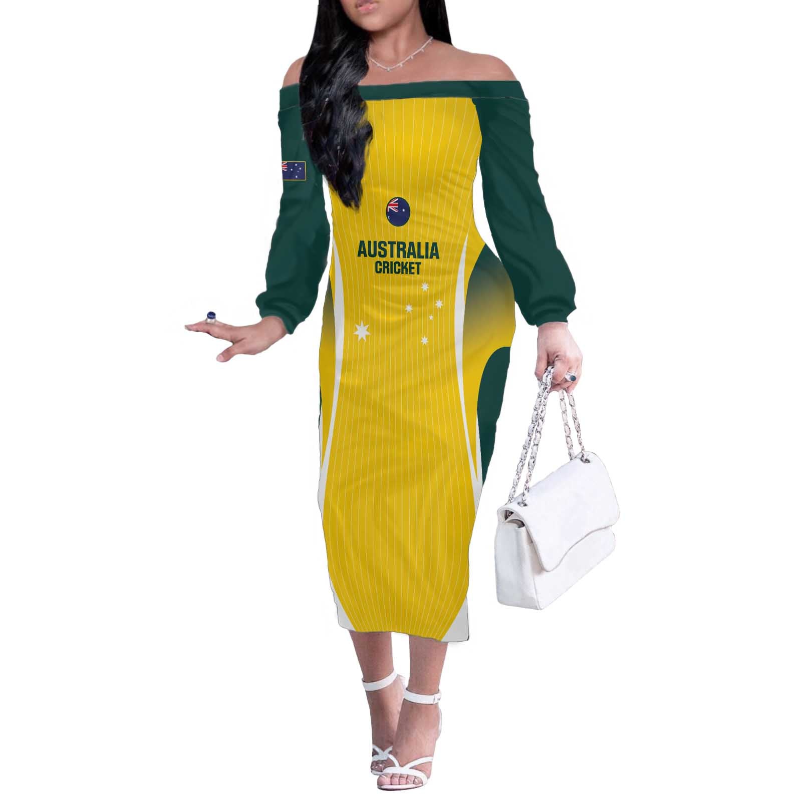 Custom Australia Cricket Off The Shoulder Long Sleeve Dress Go Champions Aussie