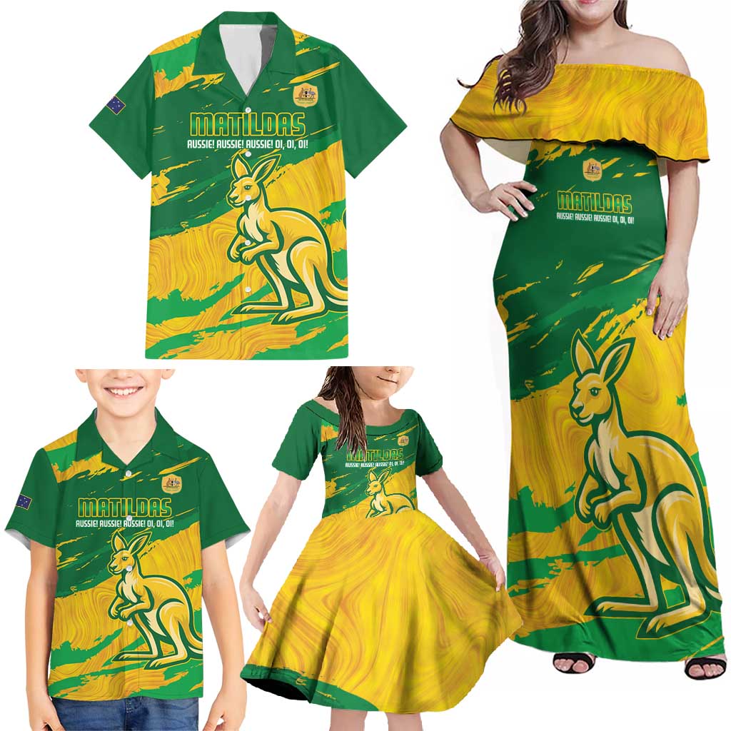 Custom Australia Soccer Family Matching Off Shoulder Maxi Dress and Hawaiian Shirt 2025 Go Matildas Marble Grunge Style