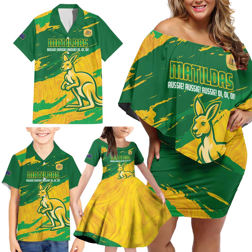 Custom Australia Soccer Family Matching Off Shoulder Short Dress and Hawaiian Shirt 2025 Go Matildas Marble Grunge Style