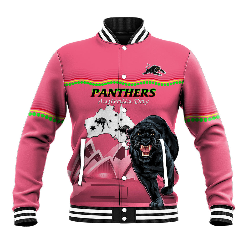 Custom Australia Day Panthers Baseball Jacket NRL 2024 Sydney Opera House With Map - Pink - Vibe Hoodie Shop