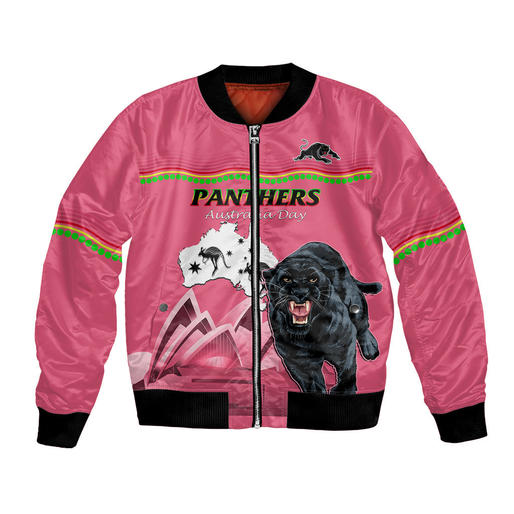 Custom Australia Day Panthers Bomber Jacket NRL 2024 Sydney Opera House With Map - Pink - Vibe Hoodie Shop