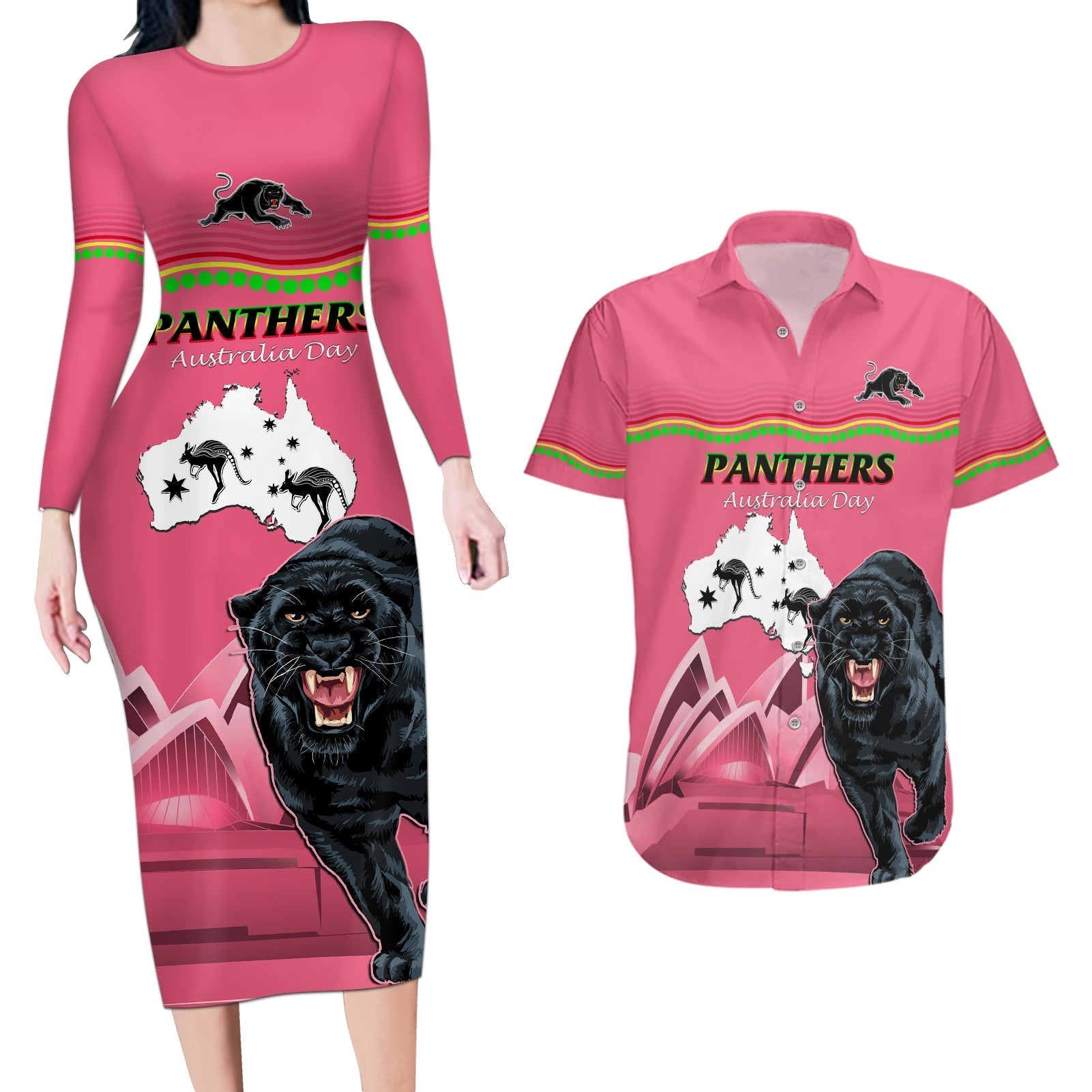 Custom Australia Day Panthers Couples Matching Long Sleeve Bodycon Dress and Hawaiian Shirt NRL 2024 Sydney Opera House With Map - Pink