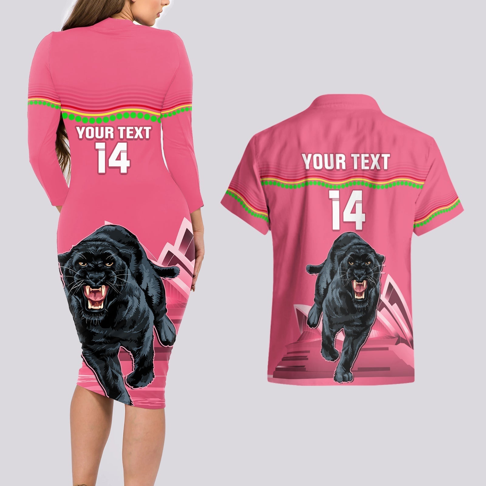 Custom Australia Day Panthers Couples Matching Long Sleeve Bodycon Dress and Hawaiian Shirt NRL 2024 Sydney Opera House With Map - Pink