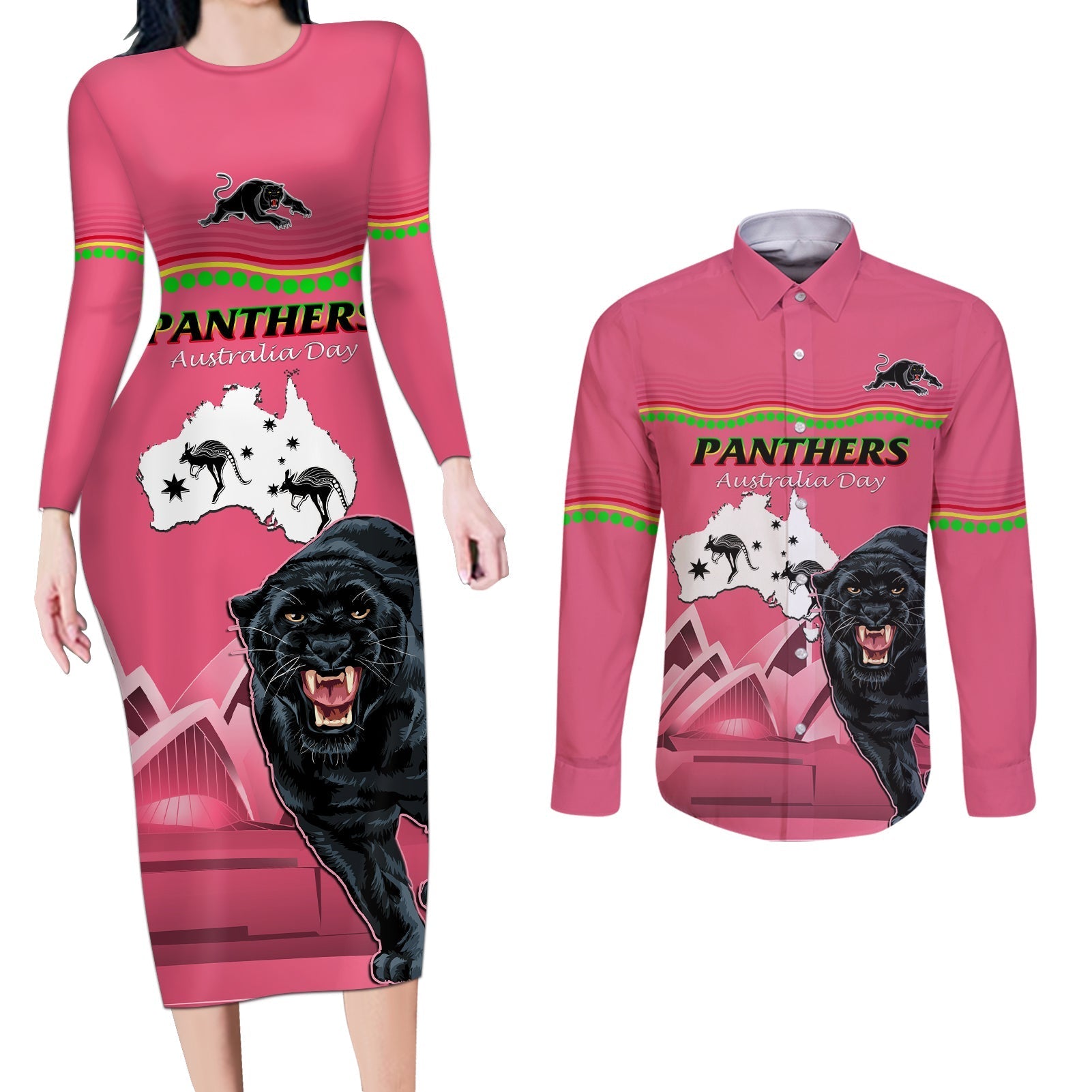 Custom Australia Day Panthers Couples Matching Long Sleeve Bodycon Dress and Long Sleeve Button Shirt NRL 2024 Sydney Opera House With Map - Pink