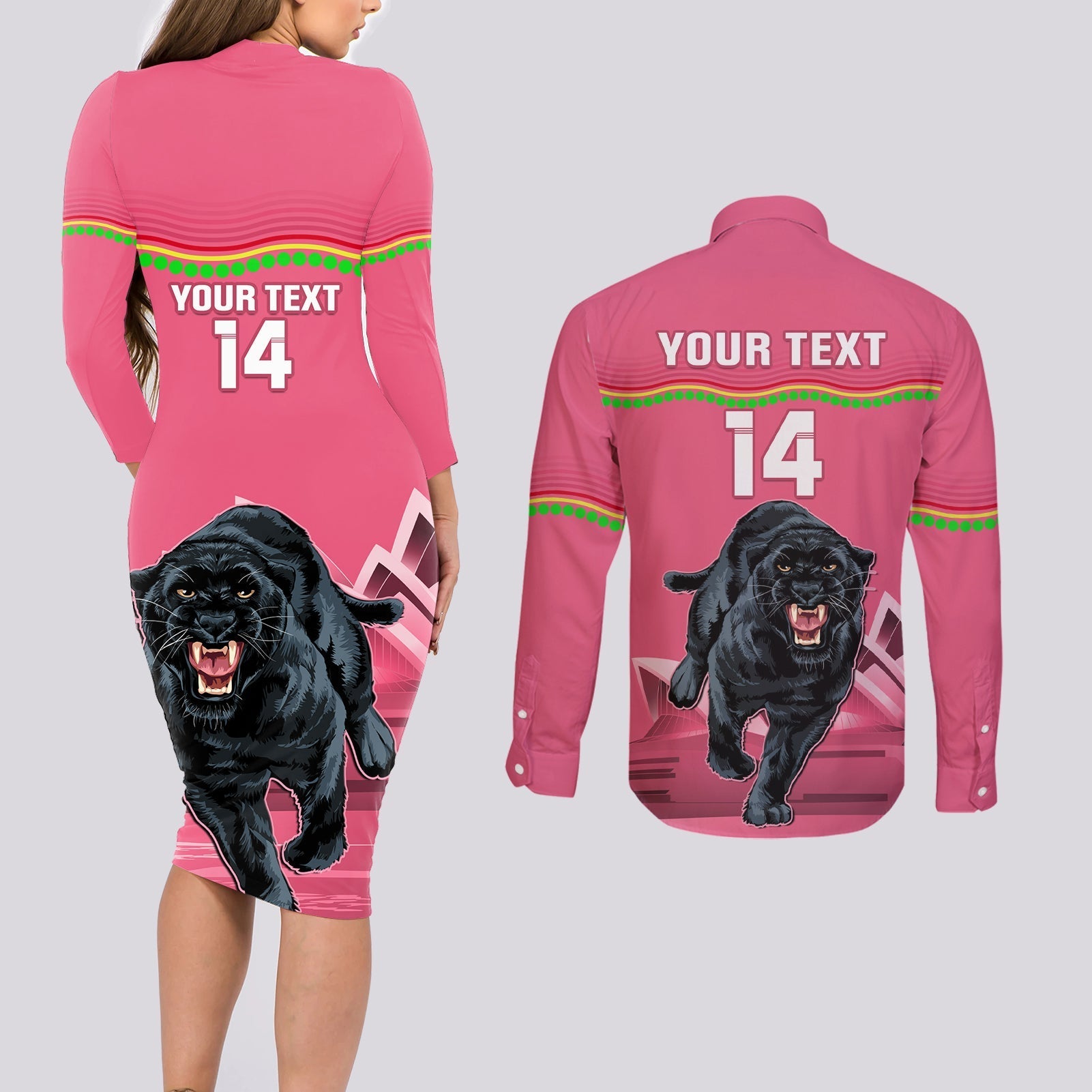 Custom Australia Day Panthers Couples Matching Long Sleeve Bodycon Dress and Long Sleeve Button Shirt NRL 2024 Sydney Opera House With Map - Pink